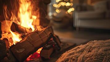 ai generiert ein Winter Abend mit ein Foto von ein Geknister Feuer beginnend im das Feuerstelle, Gießen ein Sanft glühen und einladend Ambiente in das heim.