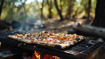 ai generiert ein glatt Webber Grill brutzelt mit das Aroma von Pizza Sein fachmännisch gekocht im ein malerisch Park Einstellung, hervorrufen das Ambiente von draussen kulinarisch Freude und Kameradschaft. foto