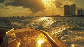 ai generiert Schnellbootfahren durch mit ein realistisch Nahansicht Schuss von das zurück Sitz von ein Schnellboot, präsentieren das faszinierend Ozean Aussicht während das golden Stunde, verbessert durch fesselnd Schatten spielen. foto