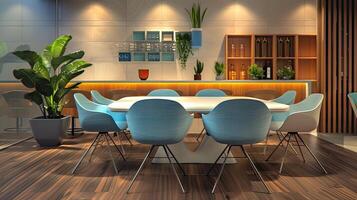 ai generiert ein schwarze Walnuss Fußboden Treffen ein Weiß Insel Tisch, akzentuiert durch glatt Blau Stühle, mit Licht braun und grau Keramik neben variieren Holz Texturen. foto