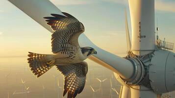 ai generiert ein majestätisch Falke hochfliegend anmutig zwischen das hoch aufragend Klingen von ein Wind Turbine, präsentieren das kompliziert Balance zwischen Tierwelt und verlängerbar Energie. foto