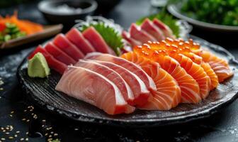 ai generiert roh frisch Lachs Sashimi serviert auf schwarz Platte, japanisch Essen Stil foto