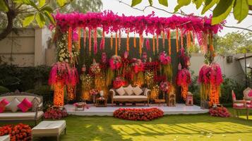 ai generiert ein romantisch Hochzeit Bühne geschmückt mit zart Blumen, ausstrahlen ein Atmosphäre von Liebe und Verzauberung wie Paare Austausch Gelübde im ein atemberaubend Einstellung. foto