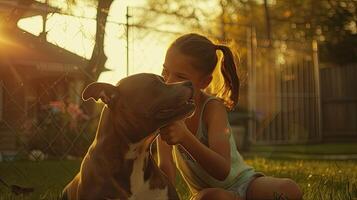 ai generiert ein jung Mädchen spielen mit ein Pitbull im das Hinterhof, ihr Glück offensichtlich im ihr spielerisch Wechselwirkungen und sorglos Ausdrücke. foto