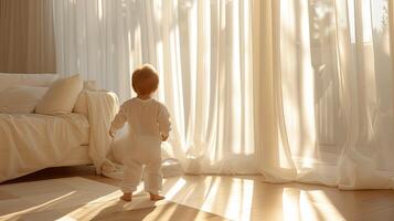 ai generiert ein 1 Jahr alt Baby Stehen im das Leben Zimmer, gekleidet im ein makellos Weiß Overall, gebadet im das Sanft glühen von Sonnenlicht Filtern durch schier Weiß Vorhänge. foto