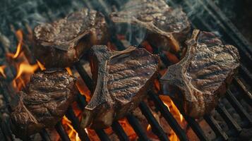 ai generiert Rindfleisch T-Bone Steaks Grillen Über heiß Grill Kohlen, mit Porterhouse Steak oder T-Bone Steak Sorten, ideal zum Restaurant Menüs oder Kochbuch Rezepte foto