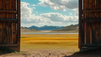 ai generiert mongolisch Landschaften durch ein Rahmen innerhalb ein Rahmen Komposition, wo das Silhouette von ein Jurte Tor Frames ein entfernt Aussicht von Wiesen, ein See, und majestätisch Berge. foto