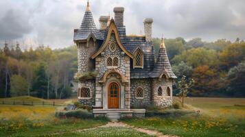 ai generiert ein klein Haus geschickt entworfen zu ähneln ein Schloss, eingebettet inmitten rollen Hügel und umgeben durch wunderlich Gardens, aufrufen ein Sinn von Märchen Charme. foto