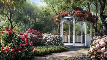 ai generiert ein Garten Pavillon eingebettet inmitten Blühen Rosen, hervorrufen ein Sinn von Frieden und Ruhe im das zauberhaft Frühling Einstellung. foto