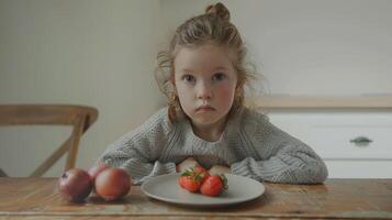 ai generiert ein schmollen Kind sitzend im Vorderseite von ein Teller von Gemüse auf ein modern Küche Tisch, porträtieren das Herausforderungen von Essenszeit kämpft und gesund Essen Gewohnheiten im ein zeitgenössisch Einstellung. foto