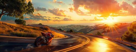 ai generiert ein Beschleunigen Superbike reißen Nieder das Autobahn beim Sonnenuntergang, taucht ein Zuschauer im das voller Adrenalin Nervenkitzel von das öffnen Straße. foto