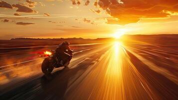 ai generiert ein Beschleunigen Superbike reißen Nieder das Autobahn beim Sonnenuntergang, taucht ein Zuschauer im das voller Adrenalin Nervenkitzel von das öffnen Straße. foto