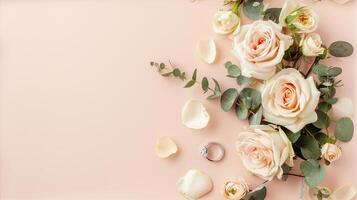 ai generiert ein Braut- Blume Anordnung mit Rosen im ein Vielfalt von Pastell- Farben, schön vereinbart worden im ein oben Sicht, eben legen Komposition, perfekt zum inspirierend Bräute zu Sei. nahtlos Muster. foto