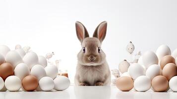 ai generiert ein Super komisch und süß Weiß Ostern Hase umgeben durch Schokolade Eier, perfekt zum ein Ostern Werbung Kampagne gegen ein solide Weiß Hintergrund. foto