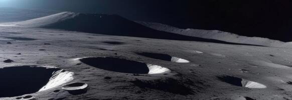 ai generiert Luftfahrt und Kosmonautik Tag, International Tag von Mensch Weltraumflug, Krater auf das Oberfläche von das Mond, Raum Expedition, horizontal Banner foto