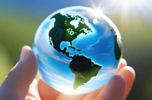 ai generiert Erde Tag, klein Glas Globus im Mensch Hände, Figur von Planet Erde, sonnig Tag, Umwelt Schutz foto