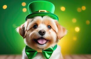 ai generiert st. Patrick's Tag, komisch lächelnd Hund, Grün Urlaub Hut, Hund im ein Grün Kobold Hut und Grün Bogen binden, Grün Hintergrund, golden Bokeh bewirken foto