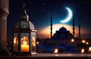 ai generiert eid al-fitr, lag al-Qadr, heilig Monat von Ramadan, Arabisch Fanus Laterne auf ein hölzern Fensterbrett, Kerzen, Aussicht von das Fenster, Moschee mit Minarette, Mond Mond und Sterne foto