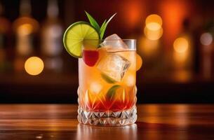 ai generiert Mai tai alkoholisch Cocktail, Sommer- Cocktail mit Rum und Limette und Beeren, Sanft trinken mit Eis, International Kneipier Tag, dunkel Hintergrund, hölzern Tabelle foto