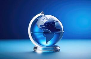 ai generiert Erde Tag, klein Glas Globus, Planet Erde Figur, Umwelt Schutz, Blau Hintergrund foto