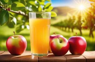 ai generiert Apfel Plantage, Geäst von ein Apfel Baum, ein Glas von frisch gedrückt Apfel Saft auf ein hölzern Tisch, gegen das Hintergrund von ein Obstgarten von Äpfel, ein sonnig Tag foto