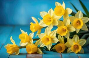 ai generiert Mütter Tag, International Damen Tag, st. Davids Tag, Strauß von Gelb Narzissen, Frühling Blumen, Blau Hintergrund foto
