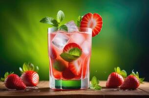 ai generiert Erdbeere Mojito alkoholisch Cocktail, Sommer- Cocktail mit Beeren und Minze, Sanft trinken mit Eis, International Kneipier Tag, hell Hintergrund, hölzern Tabelle foto