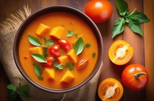 ai generiert hallo, ein Feier von Frühling und hell Farben im Indien, ein National indisch Gericht, traditionell indisch Küche, Gemüse Suppe, Sambar mit Kürbis und Tomaten, schön Portion, oben Aussicht foto