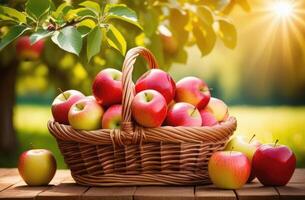 ai generiert ein voll Korbweide Korb von Äpfel auf ein hölzern Tisch, rot reif Äpfel hängend auf ein Ast von ein Apfel Baum, ein Obstgarten von Äpfel, ein Apfel Plantage, ein sonnig Tag foto