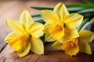 ai generiert International Damen Tag, st. Davids Tag, Mütter Tag, Strauß von Gelb Narzissen, Frühling Blumen, hölzern Tabelle foto