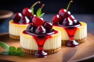 ai generiert Süss Beere Nachtisch, Hütte Käse Dessert mit Kirsche Marmelade, hausgemacht Gebäck, Kekse mit Obst Marmelade, klein runden Kuchen foto