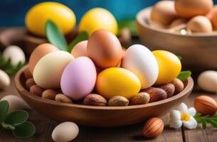 ai generiert Ostern, bunt gemalt Eier, golden Schattierungen, Kräuter und Frühling Blumen, Eier im ein Lehm Platte, hölzern Tabelle foto