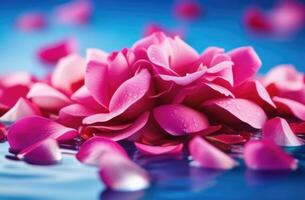 ai generiert Songkran, thailändisch Neu Jahr, viele von Rose Blütenblätter im das Wasser, Rosa Rosen, romantisch Hintergrund foto