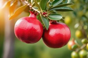 ai generiert Nahaufnahme, reif Granatapfel hängend von ein Ast von Granatapfel Bäume, Granatapfel Obstgarten, Obstgarten, sonnig Tag foto