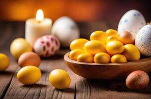 ai generiert Ostern, bunt gemalt Eier, golden Schattierungen, Gemütlichkeit und Kerzen, Eier im ein Lehm Platte, hölzern Tabelle foto