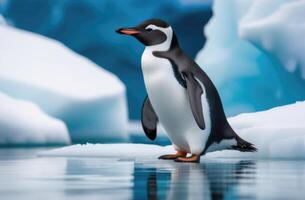 ai generiert Welt Pinguin Tag, ein Erwachsene einsam Pinguin auf ein treiben Eis Scholle, das weit Norden, das Königreich von Eis und Schnee, ein Eisberg im das Ozean foto