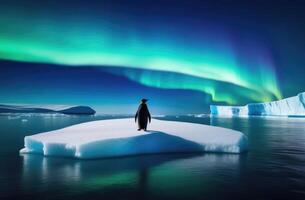 ai generiert Welt Pinguin Tag, ein einsam Erwachsene Pinguin auf ein Eis Scholle, das Königreich von Eis und Schnee, ein Eisberg im das Ozean, das Nord Beleuchtung, das weit Norden, Grün blitzt foto