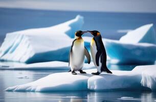 ai generiert Welt Pinguin Tag, ein Pinguin Paar auf ein treiben Eis Scholle, ein Eisberg im das Ozean, das Königreich von Eis und Schnee, das weit Norden foto