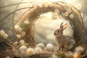 ai generiert Ostern Hintergrund mit Hase und Eier im Bokeh foto