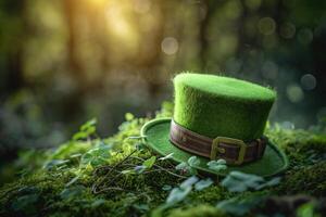 ai generiert Grün Kobolde Hut auf Kleeblatt Gras im Sonnenlicht foto