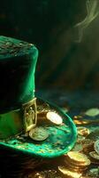 ai generiert Grün Patricks Hut mit Gold Münzen schließen oben Hintergrund foto