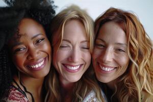 ai generiert froh vielfältig Frauen mit bunt Frisuren Nahansicht. froh vielfältig Frauen mit bunt Frisuren, Teilen ein Original- Moment von Glück. foto