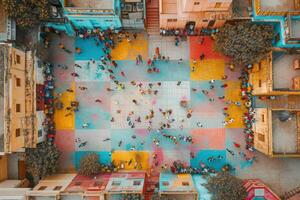 ai generiert Antenne Aussicht von bunt Stadt, Dorf Platz sammeln. Overhead Aussicht von Gemeinschaft Mitglieder Stehen auf ein beschwingt, farbenfroh gemalt Stadt, Dorf Quadrat, Bildung ein Mensch Mandala. foto