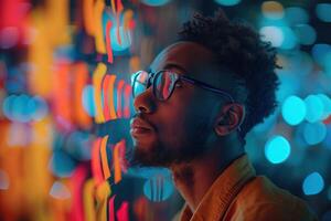 ai generiert stilvoll Mann mit Brille gegen lebendig Neon- Beleuchtung. Seite Profil von ein modisch afrikanisch amerikanisch Mann mit stilvoll Brille beleuchtet durch bunt Neon- Beleuchtung. foto