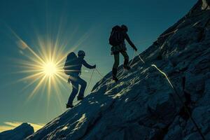 ai generiert Silhouetten von Kletterer gegen blendend Sonnenlicht auf Berg. das Silhouetten von zwei Kletterer sind Stark gegen das brillant Sonnenlicht brechen Über das Berg Gipfel. foto