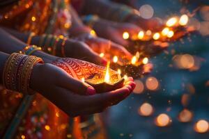 ai generiert Hände halten Diwali Wunderkerzen leuchten das Nacht. Aussicht von Hände halten Wunderkerzen, leuchten das festlich Nacht mit warm Licht und Bokeh. foto