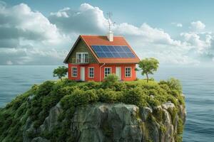 ai generiert traditionell Zuhause mit modern nachhaltig Technologie. Bild kontrastieren ein traditionell Haus mit ein modern Twist, mit ein Grün Dach und Solar- Tafeln, einstellen gegen malerisch Landschaft. foto