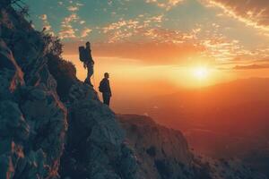 ai generiert Kletterer silhouettiert gegen Sonnenuntergang auf Ozean Cliff. zwei Felsen Kletterer, silhouettiert durch das Rahmen Sonne, Rahmen ein steil Cliff mit Blick auf das Ozean. foto