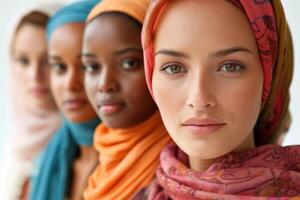 ai generiert vielfältig Frauen im bunt Kopftücher Nahansicht. vier vielfältig Frauen tragen bunt Kopftücher, Darstellen Einheit im Diversität. foto