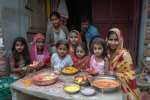 ai generiert Familie feiern holi mit farbig Pulver. ein Familie versammelt sich zusammen, lächelnd wie Sie abspielen mit bunt Gulal Pulver während holi Festival. foto